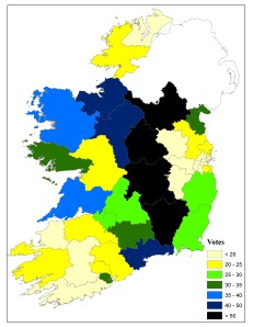 Seanad voters (vocational panel) per constituency, 2011 - sorry, map involves 2007 constituency boundaries