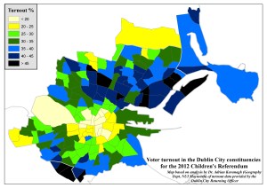 Figure 1: Voter turnout for the 2012 Childrens Referendum by electoral division for the Dublin City constituencies