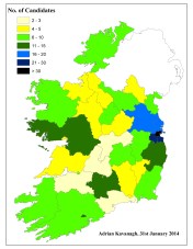 Figure 1: Number of female candidates selected by county/local authority area on the 31st January 2014