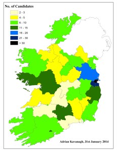 Figure 1: Number of female candidates selected by county/local authority area on the 31st January 2014