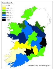 Figure 2: Percentage of female candidates selected by county/local authority area as of 31st January 2014