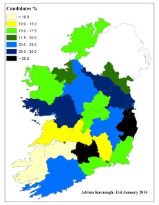 Figure 2: Percentage of female candidates selected by county/local authority area as of 31st January 2014