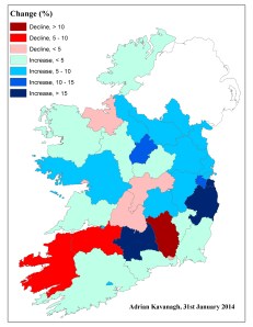 Figure 3: Change in percentage of female candidates selected by county/local authority  between the 2014 (as of 31st January 2014) and 2009 contests.