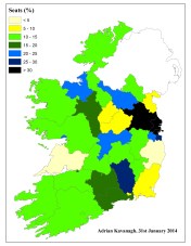 Figure 4: Female seat levels (in percentage terms) by local authority level at the 2009 City and County Council elections 