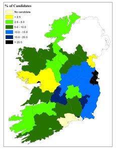 Figure 5: Female candidates (%) by county at the 1985 Local Elections