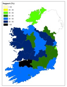 Figure 4: Fianna Fail support (%) by county at the 1985 Local Elections