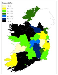 Figure 1: Fine Gael support (%) by county at the 1985 Local Election