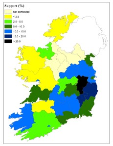 Figure 2: Labour Party support (%) by county at the 1985 Local Elections 