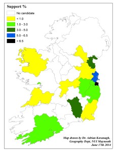 Figure 1: Support level (%) for the Green Party at local authority level in the 2014 Local Elections