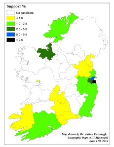 Figure 1: Support levels at the local authority level (%) for the People Before Profit Alliance at the 2014 Local Elections