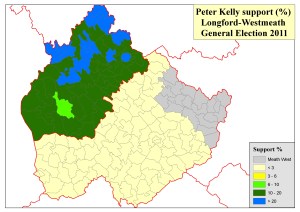 Figure 4: Support by electoral division for Peter Kelly in the Longford-Westmeath constituency at the 2011 General Election (based on analysis of tallies in local newspapers by Adrian Kavanagh)