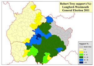 Figure 2: Support for Robert Troy in Longford-Westmeath constituency at 2011 General Election (based on analysis of tallies in local newspapers by Adrian Kavanagh)