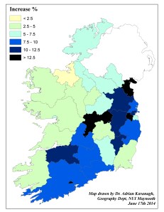 Figure 4: Change in Sinn Fein support levels (%) at the local authority level between 2009 and 2014 Local Elections