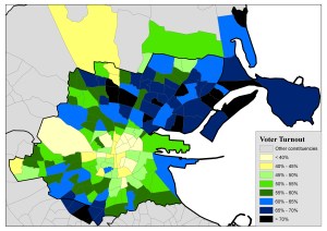 Figure 2: Voter turnout (%) levels by electoral division in the Dublin City constituencies for the 2015 Marriage Equality Referendum
