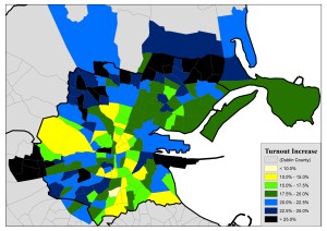 Figure 4: Differences in voter turnout (%) levels by electoral division in the Dublin City constituencies between the 2015 Marriage Equality and 2013 Seanad referendum contests