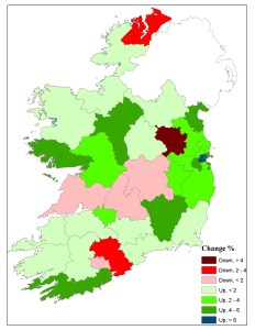 Figure 2: Percentage change in voter turnout between the 2007 and 2011 General Elections by Dail constituency 