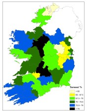 Figure 1: Voter turnout (as a percentage of the registered electorate) at the 2011 General Election by Dail constituency 
