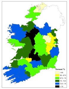 Figure 1: Voter turnout (as a percentage of the registered electorate) at the 2011 General Election by Dail constituency 