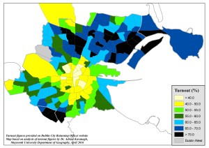 Figure 3: Voter turnout levels (%) by election division in the Dublin City constituencies at the 2016 General Election